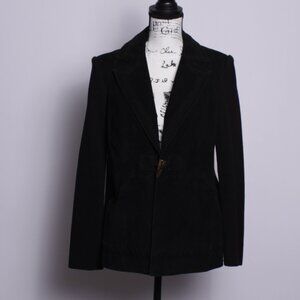 PETER NYGARD Black 100% Suede Leather Ribbed Sweater Jacket with Braided Lapels